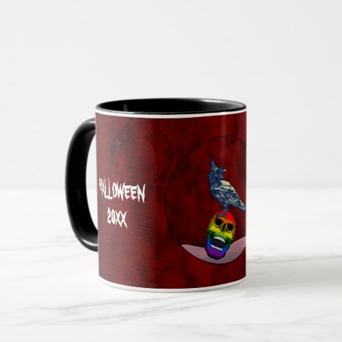 Halloween Crow on Skull in Rainbow Flag Colors Mug
