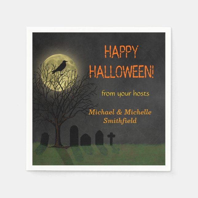 Halloween Crow on Tree with Moon Party Paper Napkins (Front)