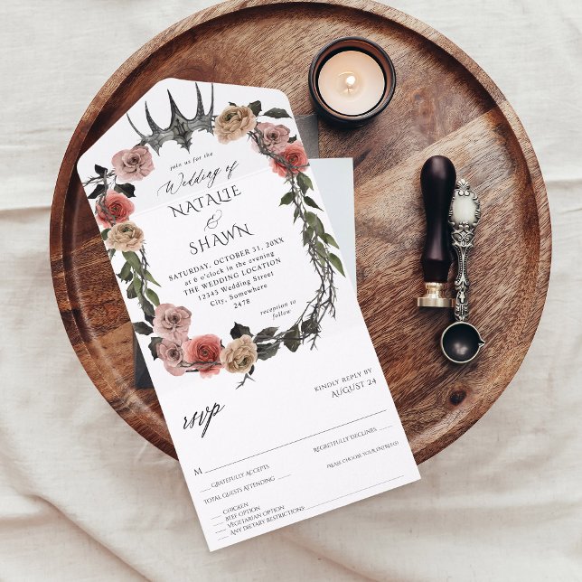 Halloween Crown Pink & Black Floral Wedding All In One Invitation (Creator Uploaded)