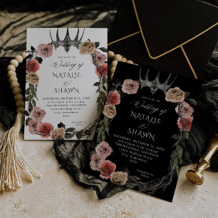 Halloween Crown Pink & Black Floral Wedding Invitation