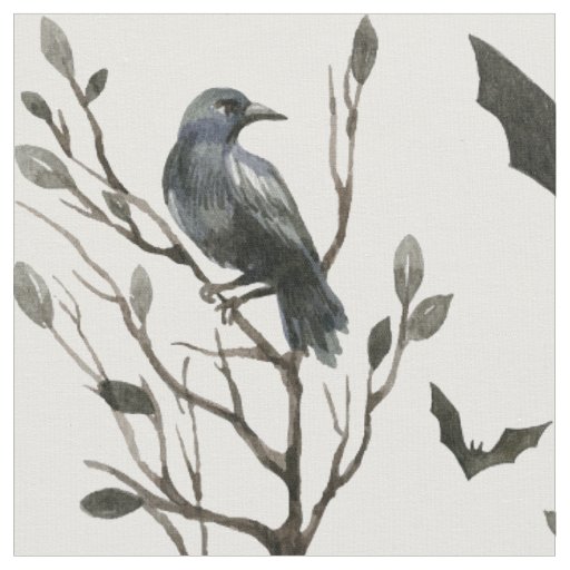 Halloween Crows Bats Black and White Watercolor Fabric