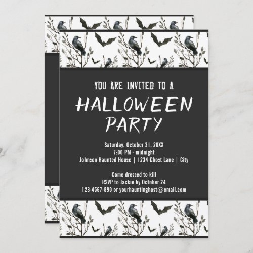 Halloween Crows Bats Black and White Watercolor Invitation