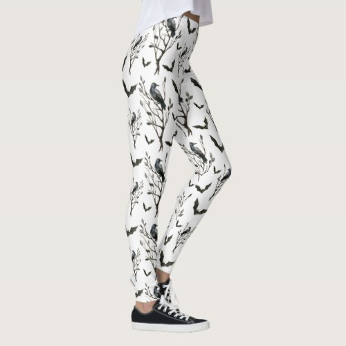 Halloween Crows Bats Black and White Watercolor Leggings