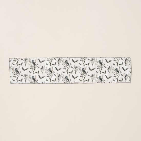 Halloween Crows Bats Black and White Watercolor Scarf