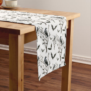 Halloween Crows Bats Black and White Watercolor Short Table Runner