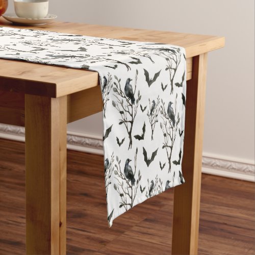Halloween Crows Bats Black and White Watercolor Short Table Runner