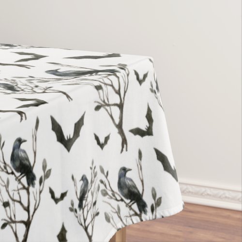 Halloween Crows Bats Black and White Watercolor Tablecloth