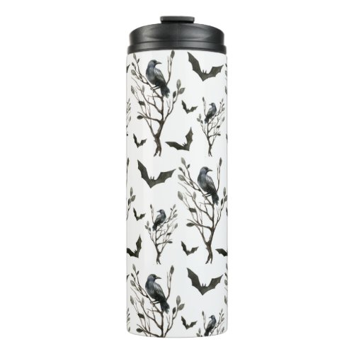 Halloween Crows Bats Black and White Watercolor Thermal Tumbler