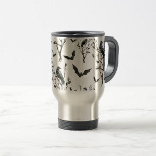 Halloween Crows Bats Black and White Watercolor Travel Mug