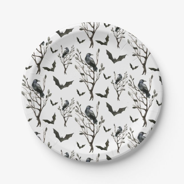 Halloween Crows Bats Scary Black and White Paper Plates (Front)