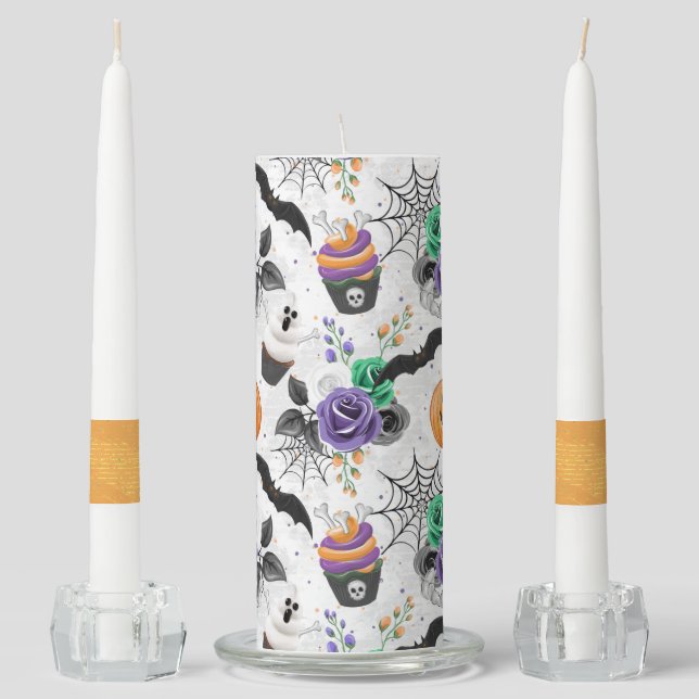 HALLOWEEN CUPCAKES FLOWERS & COBWEBS UNITY CANDLE SET (Front)