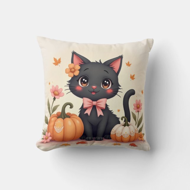 Halloween Cushion Cute Black Cat with Pumpkins (Front)