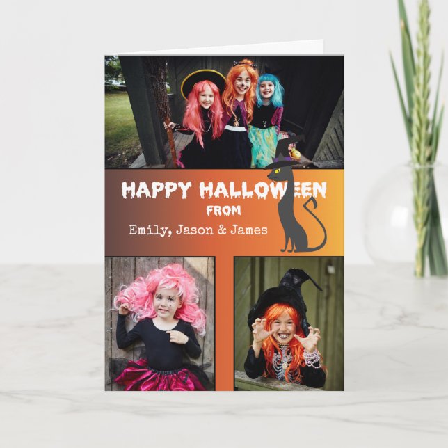 Halloween Custom 3 Photo Name Black Cat Card (Front)