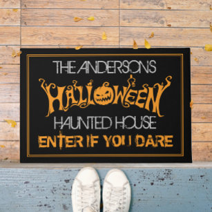 Halloween Custom Black Orange Haunted House Spooky Doormat
