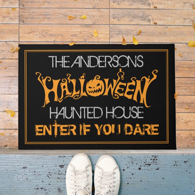 Halloween Custom Black Orange Haunted House Spooky Doormat (Creator Uploaded)