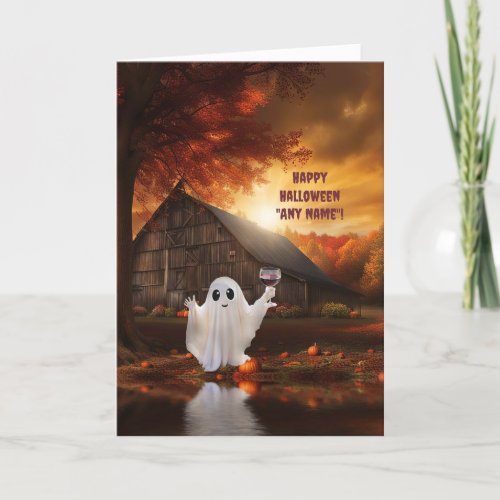 Halloween Custom Name Cute Ghost with Wine  Card