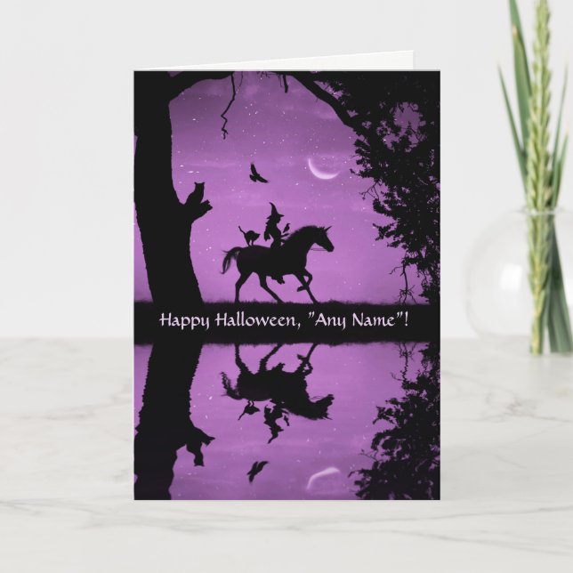 Halloween Custom Name Fun Witch and Unicorn Card (Front)