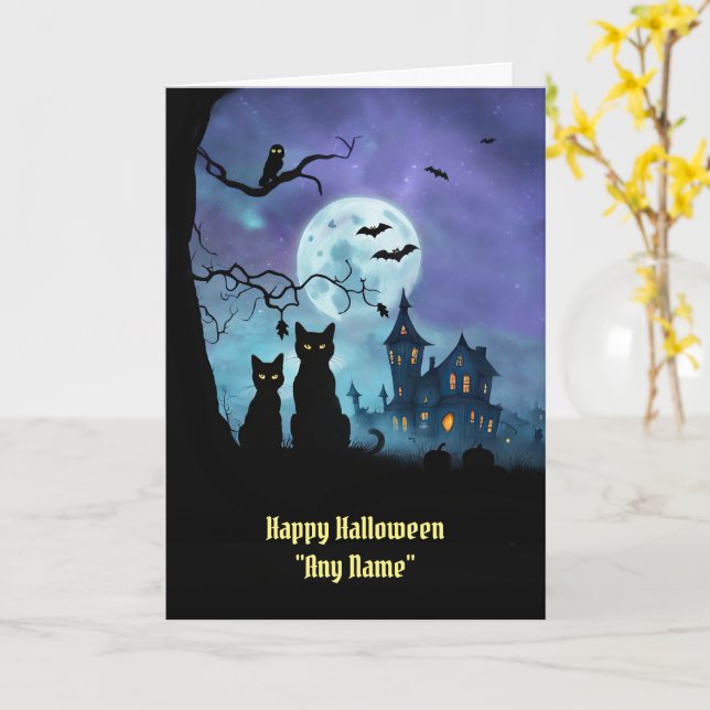 Halloween Custom Name with Cute Cats Owl Haunted Card (Yellow Flower)