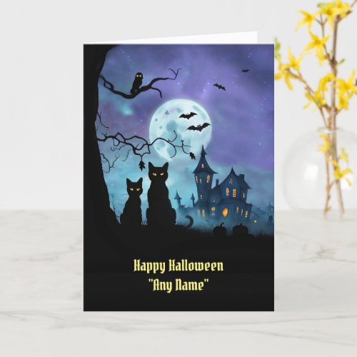 Halloween Custom Name with Cute Cats Owl Haunted Card