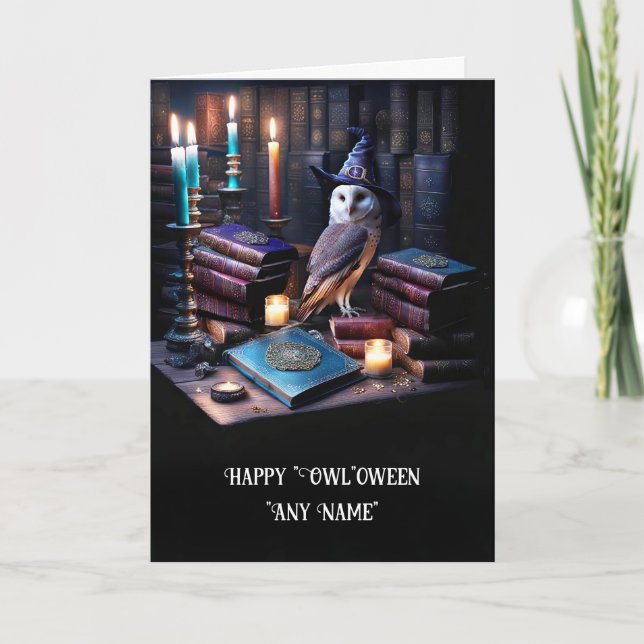 Halloween Custom Name with Cute Owl and Magic Card (Front)