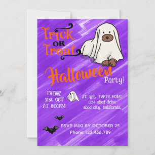 Halloween Custom Whimsical Cute Ghost Dog Purple  Invitation