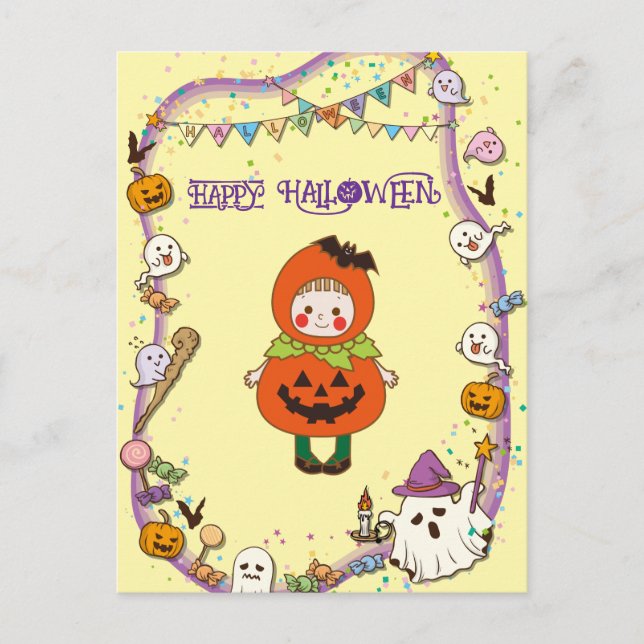 Halloween Custom Whimsical Cute Pumpkin Girl  Postcard (Front)
