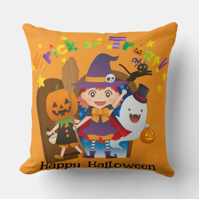 Halloween Custom Whimsical Cute Witch Pumpkin  Throw Pillow (Front)