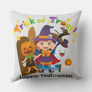 Halloween Custom Whimsical Cute Witch Pumpkin Throw Pillow