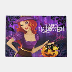 Halloween Custom Whimsical Cute Witch Purple Doormat