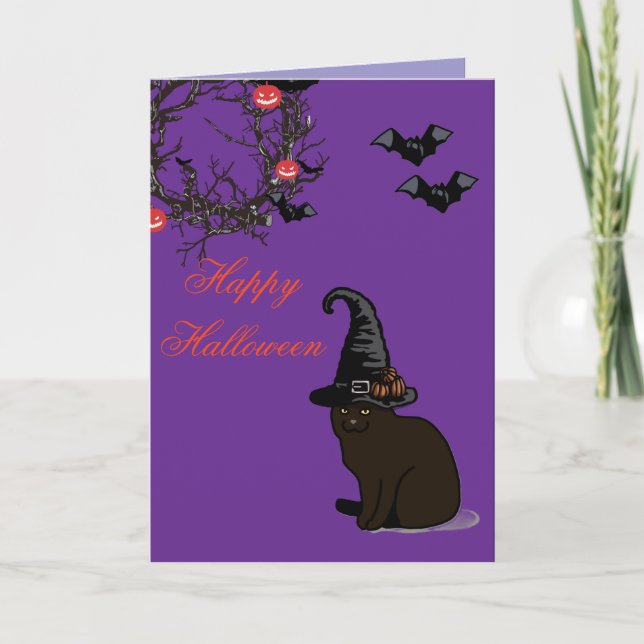  Halloween Custom Whimsical Funny Cat Purple  Card (Front)