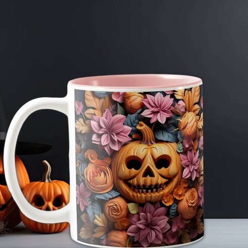 Halloween Cute 3D Pumpkin and Flowers Pink  Two_Tone Coffee Mug