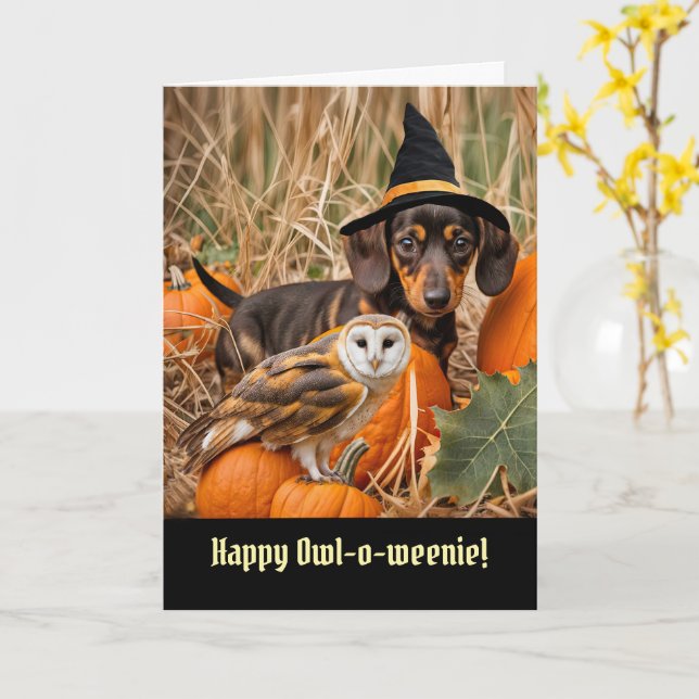 Halloween Cute and Funny Owl and Dachshund Puppy Card (Yellow Flower)