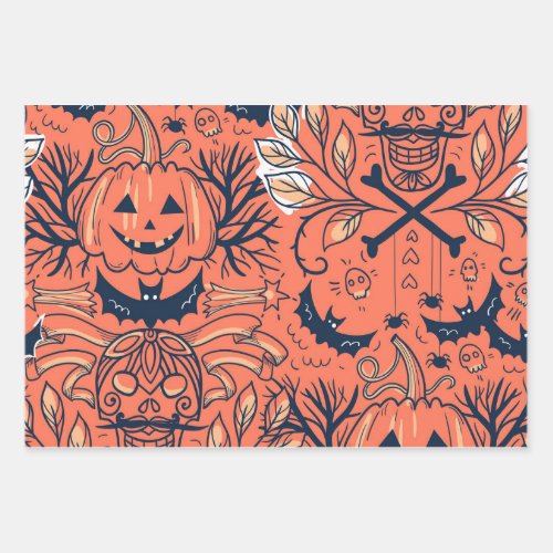 Halloween Cute and Trendy Brown Pumpkin Ghost Bat  Wrapping Paper Sheets