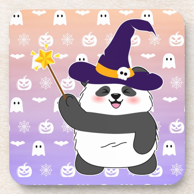 Halloween Cute Baby Panda Witch Magic Wand Beverage Coaster (Front)
