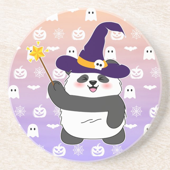 Halloween Cute Baby Panda Witch Magic Wand Coaster (Front)