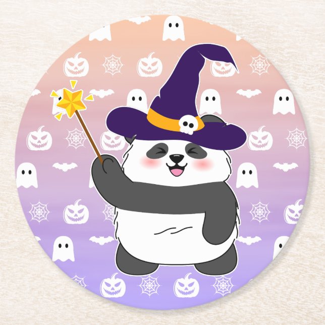 Halloween Cute Baby Panda Witch Magic Wand Round Paper Coaster (Front)