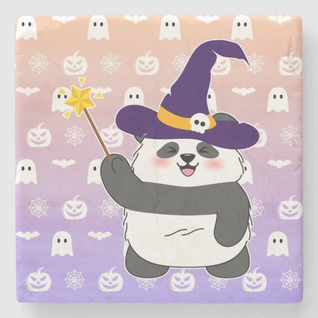 Halloween Cute Baby Panda Witch Magic Wand Stone Coaster (Front)