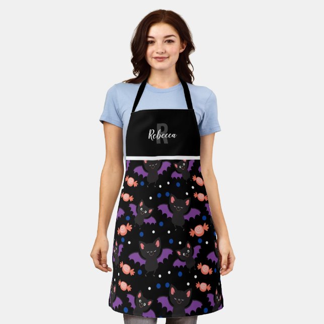 Halloween Cute Bats Repeat Pattern Monogram Apron (Worn)
