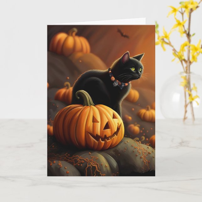 Halloween Cute Black Cat and Jack O Lantern Card (Yellow Flower)
