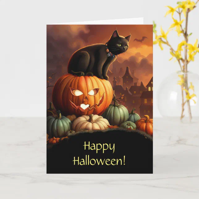 Halloween Cute Black Cat and Jack O Lantern Card | Zazzle