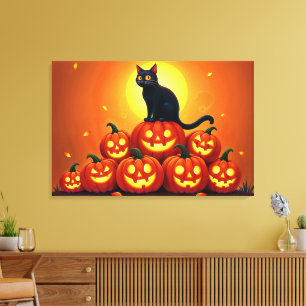 Halloween cute black cat and Jack’s lanterns Canvas Print