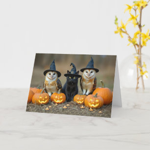 Halloween Cute Black Cat and Owls Jack O Lantern Card