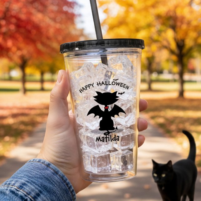 Halloween Cute Black Cat Bat Wings Acrylic Tumbler (Happy Halloween from the black cat! Add your name to this cute acrylic tumbler)
