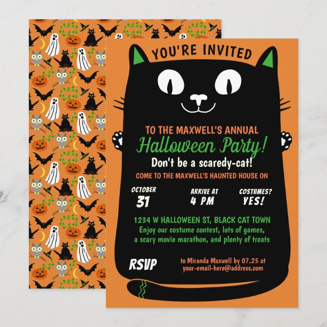 Halloween Cute Black Cat Kids Party Spooktacular Invitation (Front/Back)