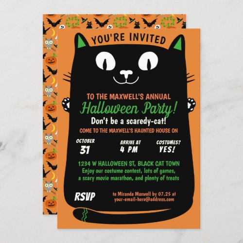 Halloween Cute Black Cat Kids Party Spooktacular Invitation