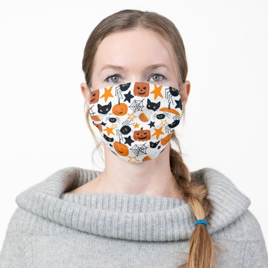 Halloween Cute Black Cat Pumpkin Illustration Adult Cloth Face Mask (Worn)