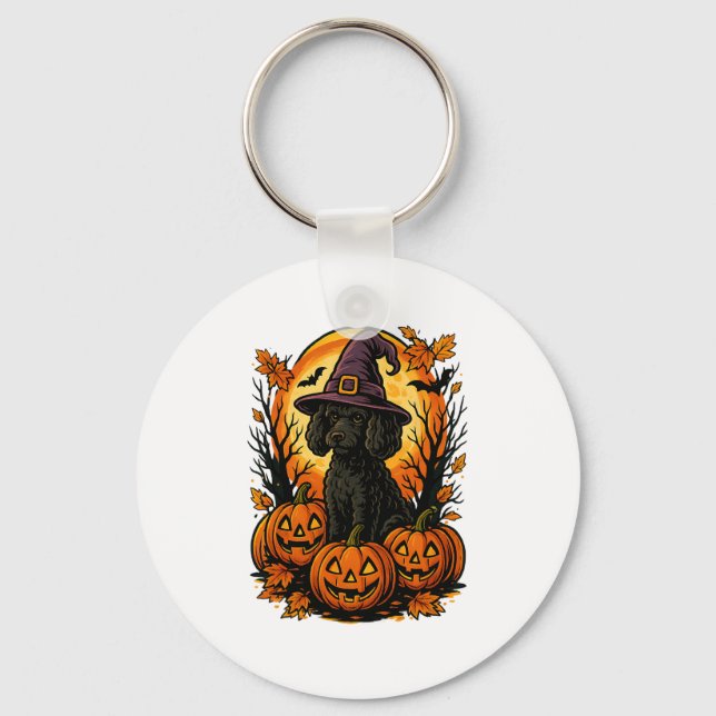Halloween Cute Black Poodle Witch Hat Pumpkins Aut Keychain (Front)