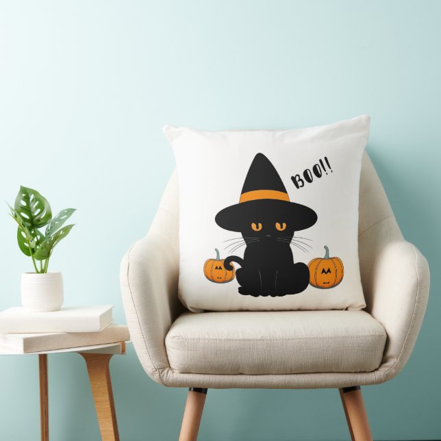 Halloween Cute Cartoon Friends, Black Baby Cat Throw Pillow (Chair)