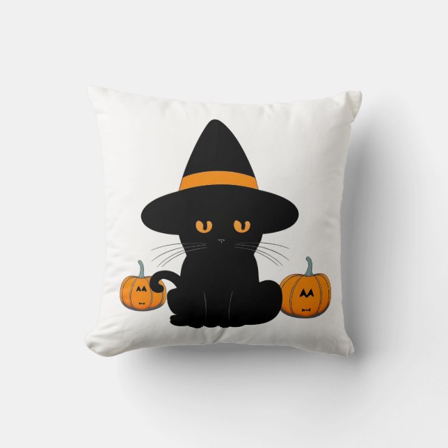 Halloween Cute Cartoon Friends, Black Baby Cat Throw Pillow (Front)