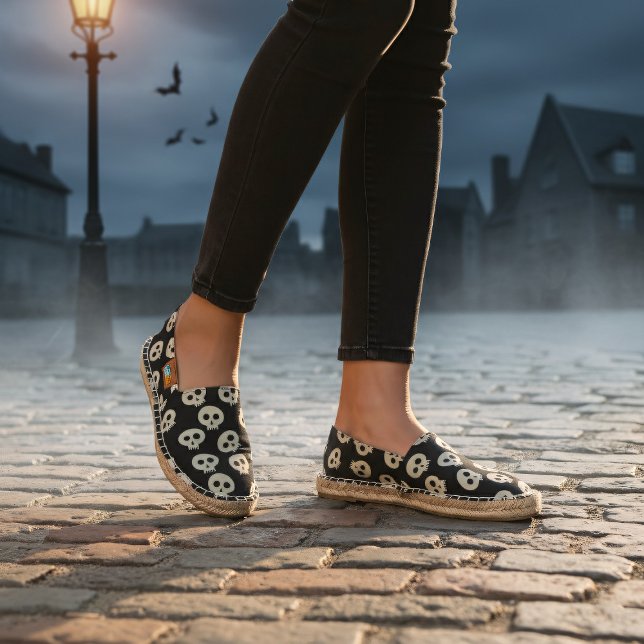 Halloween Cute Cream Skull Pattern Black Emo  Espadrilles (Spooky cute skull pattern espadrilles just for you)